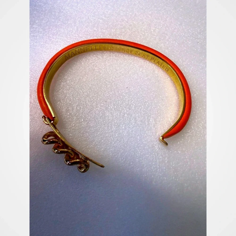 Mannelli Florence Orange Leather 24KT Gold Plated Curb‎ Link Bangle Bracelet - Picture 6 of 6